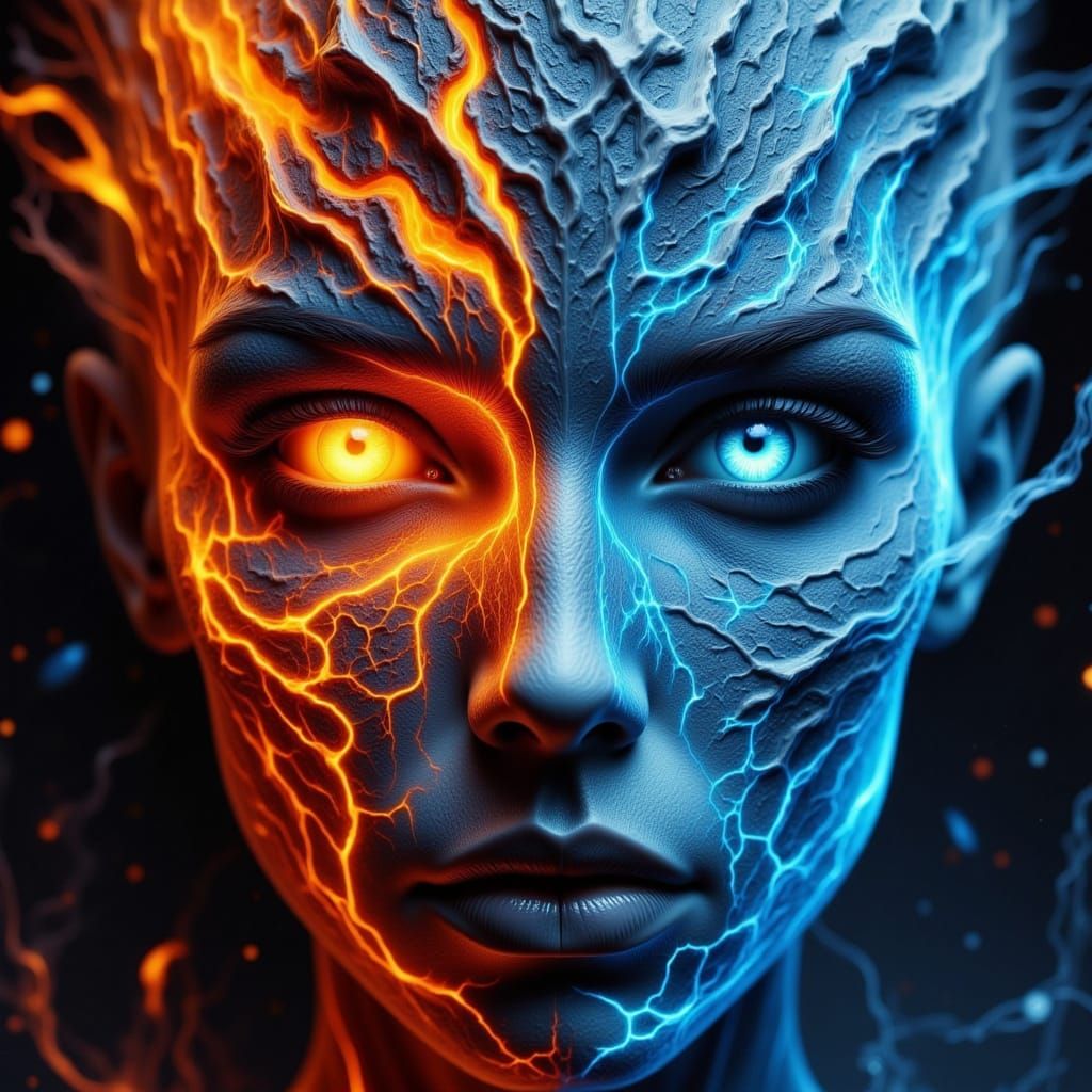 Dual Nature Portrait: Fire and Ice Woman