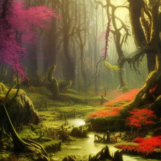 Magical Bog Garden in Sunlight: Dark Fantasy Art