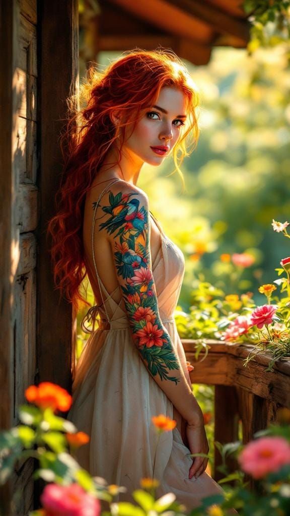 Woman with Red Hair and Bird Tattoo, Cinematic Style