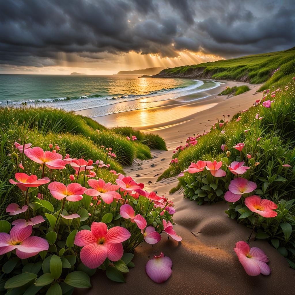 Beach Sunset with Rain Clouds: High-Resolution Photography