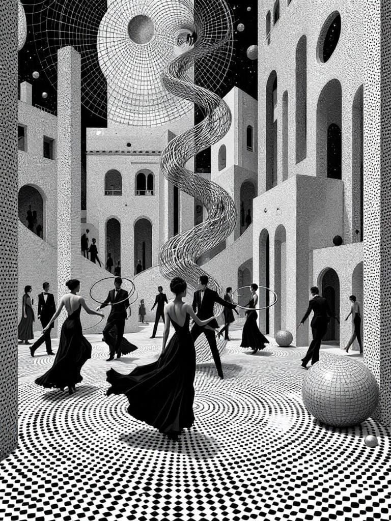 Maze Dancers in Wirework Sculpture, Escher-esque