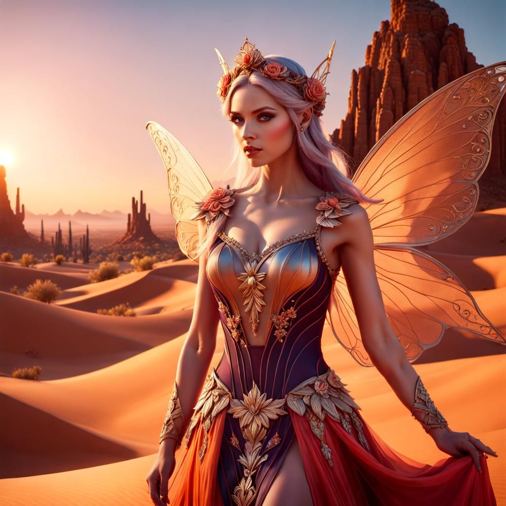 Hyperrealistic Desert Fairy in Sunrise Landscape