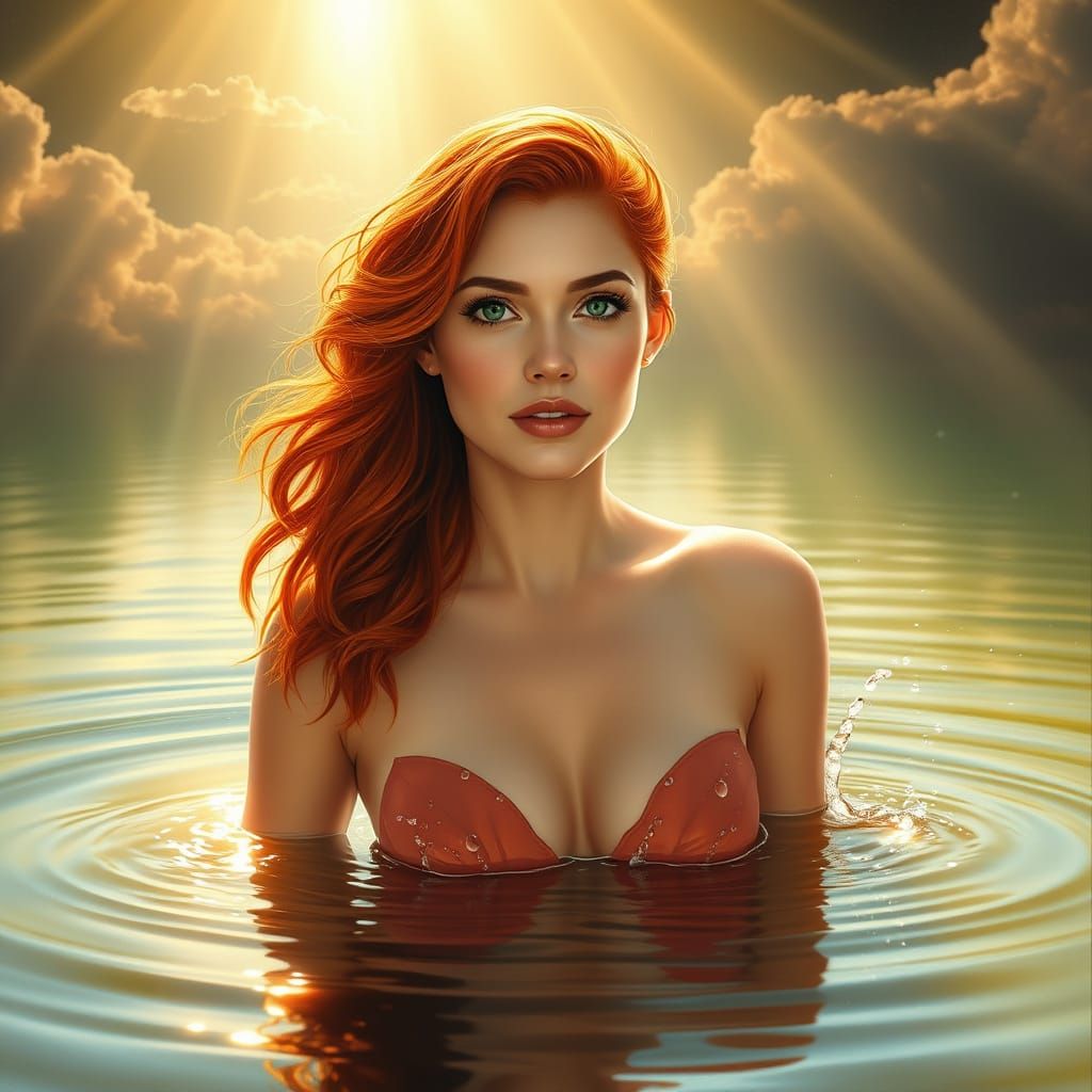 Woman Splashing Water in Reflective Pond at Golden Hour