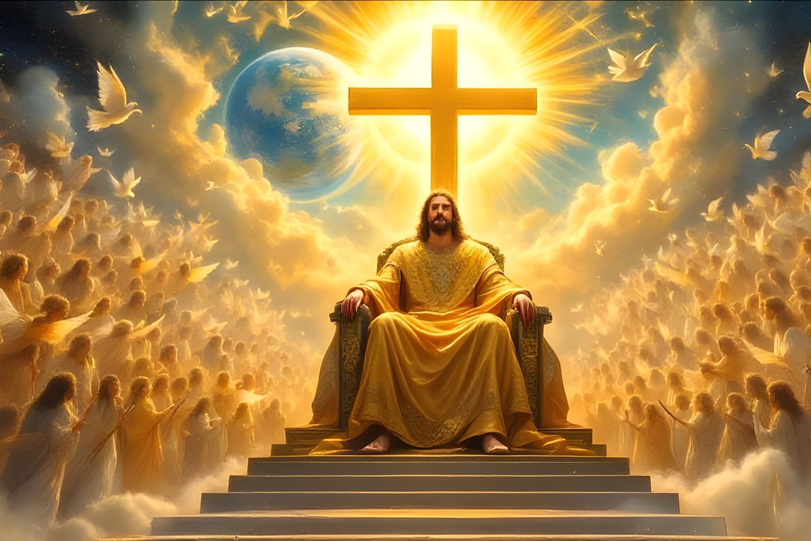 Jesus Christ on Throne with Angels, in Watercolor