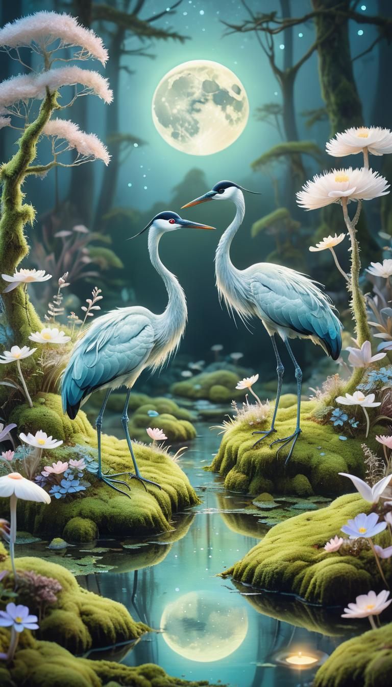 Dreamlike Cranes in Bioluminescent Garden
