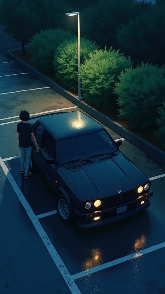 Serene Nighttime Parking Scene in Anime Style