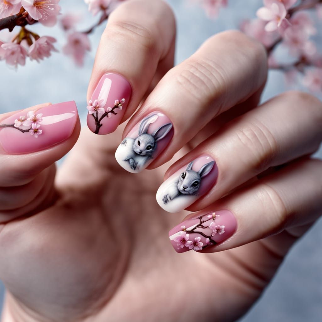 Acrylic Nail Art Moon Rabbit and Cherry Blossoms