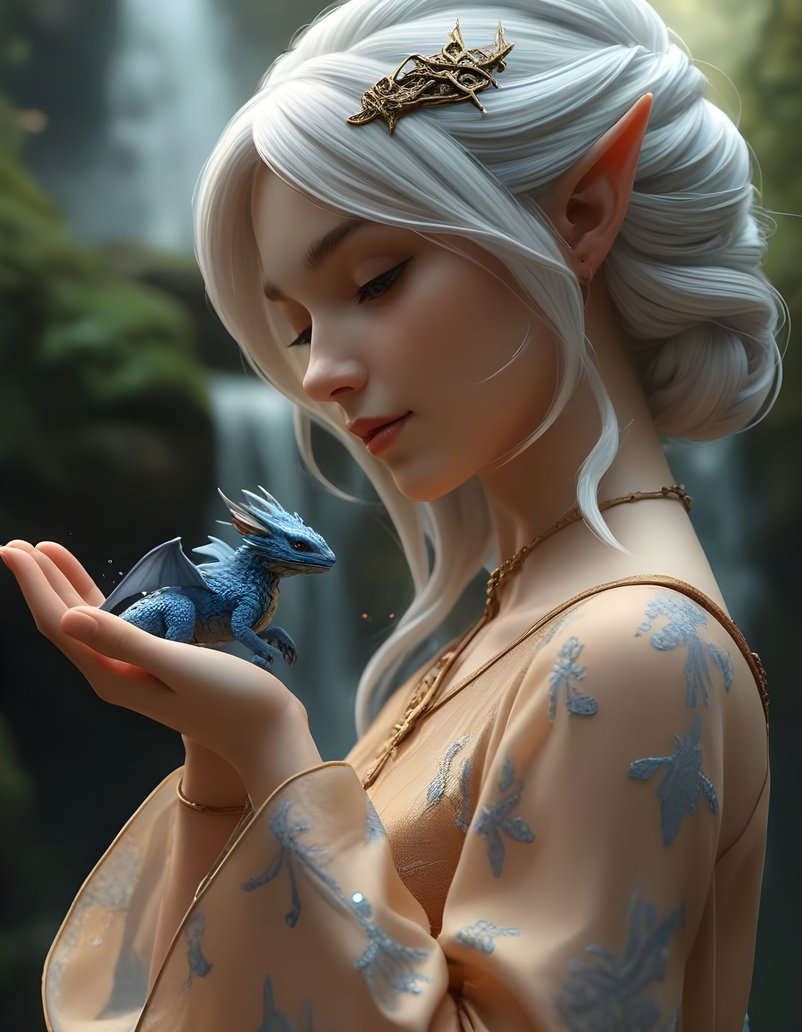 Elven Queen and Newborn Dragon in Enchanted Forest