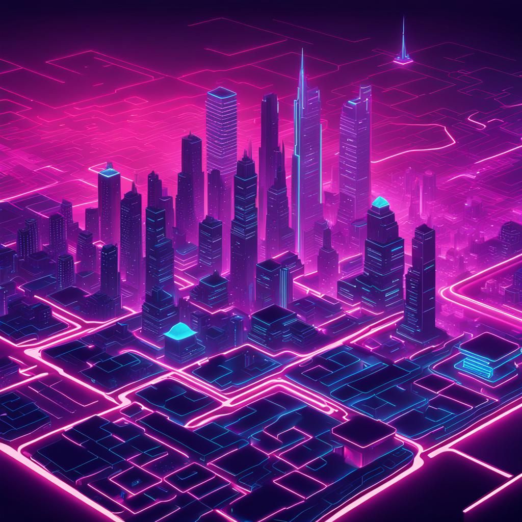 Futuristic 3D Building Map in Synthwave Neon Style
