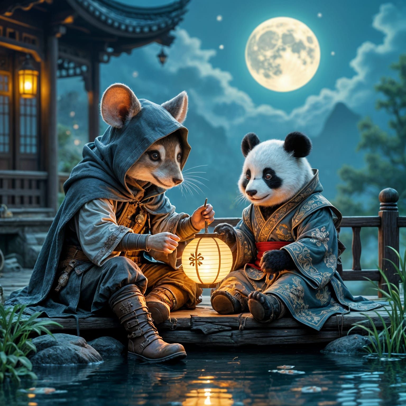Anthropomorphic Mouse and Panda Crafting Lanterns