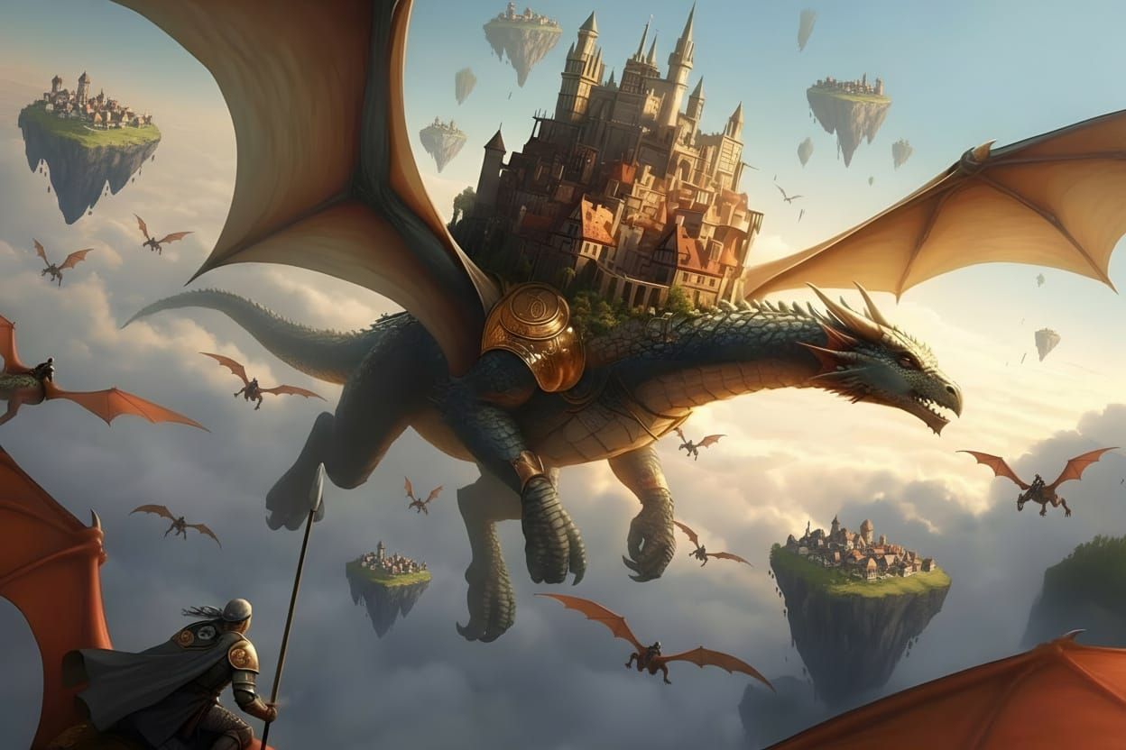 Cyberpunk Dragon Carries City Amidst Sky Islands