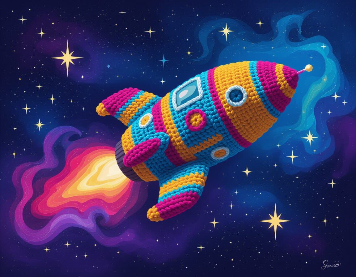 Whimsical Crochet Spaceship in Vibrant Nebula