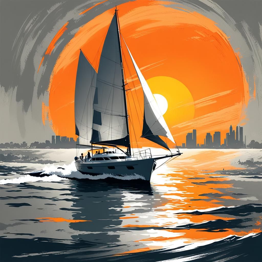 Elegant Modernist Yacht Sails into a Vibrant Orange Sunset