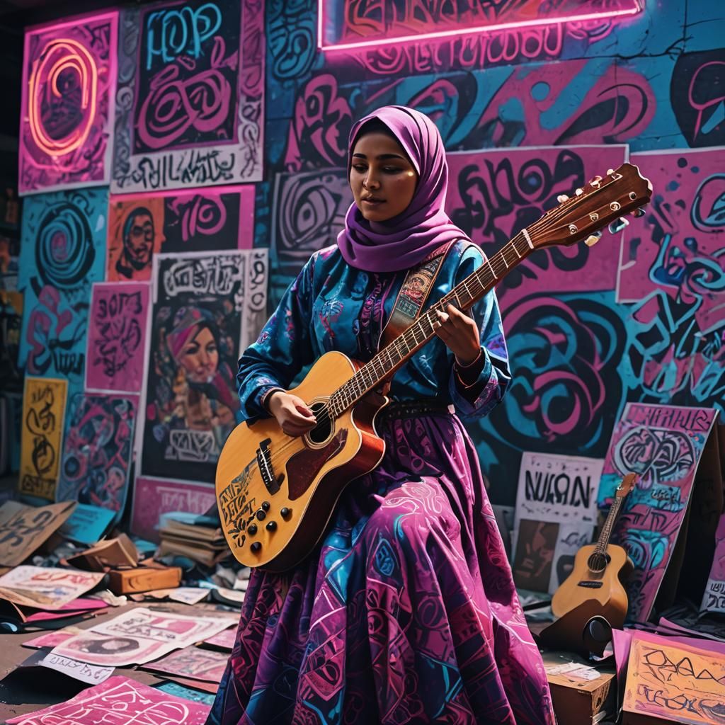 Neon Hijabi Guitarist: Synthwave Cyberpunk Aesthetic