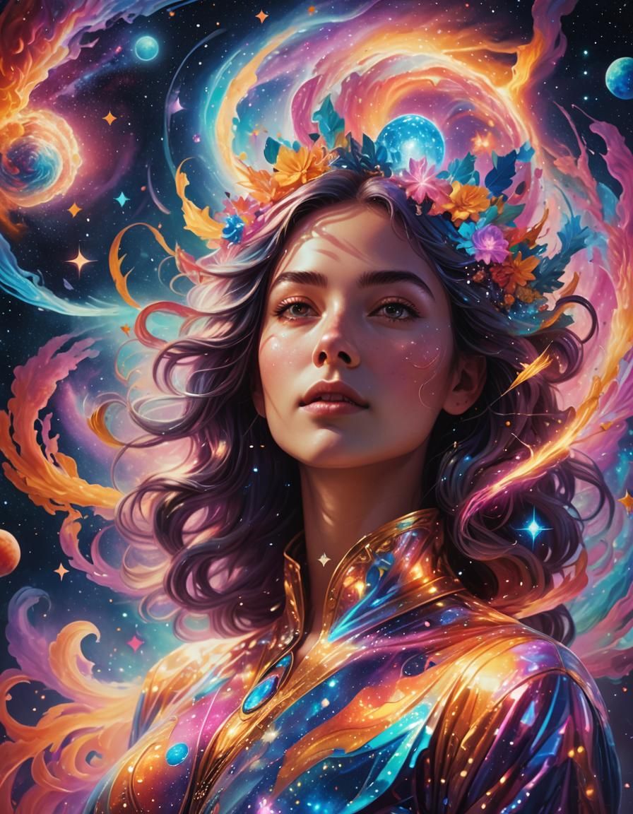 Holographic Woman in Cosmic Astral Illustration