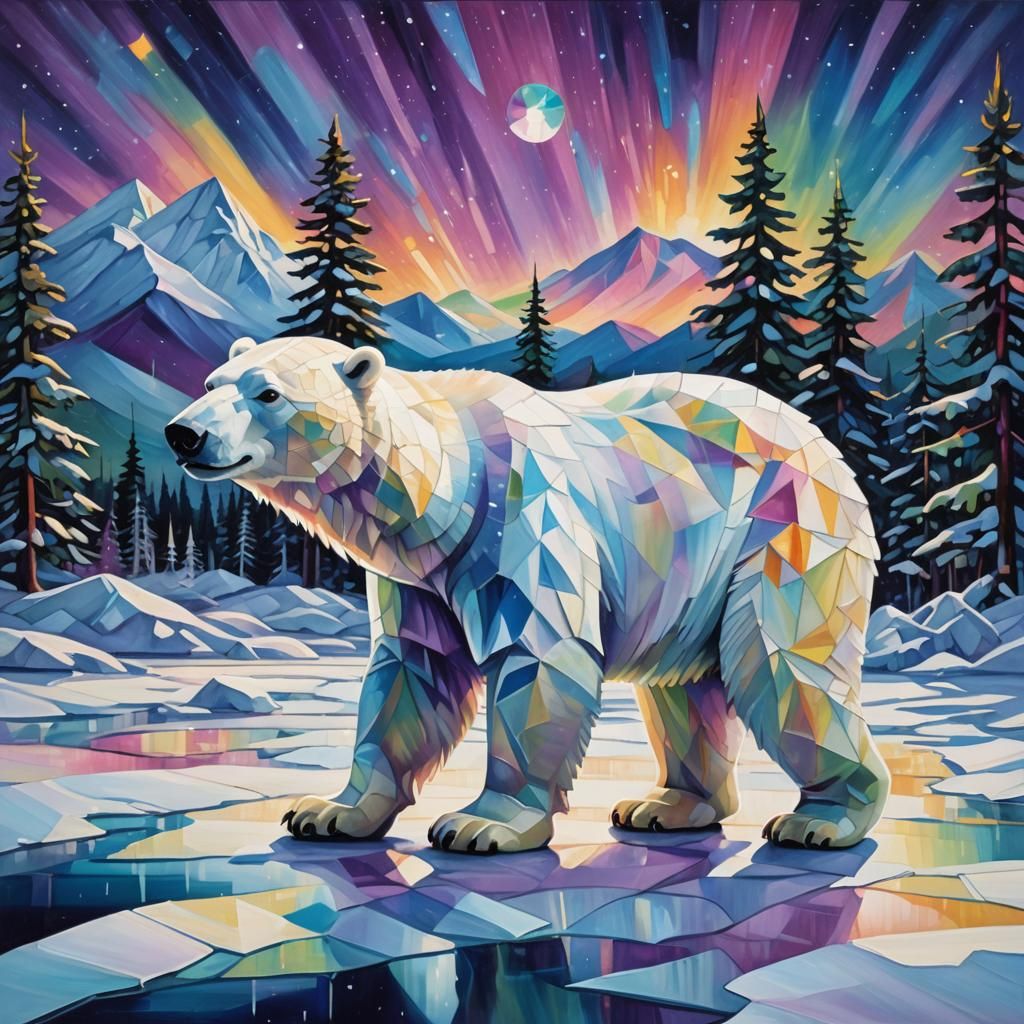 Cubist Polar Bear on Aurora Ice Landscape