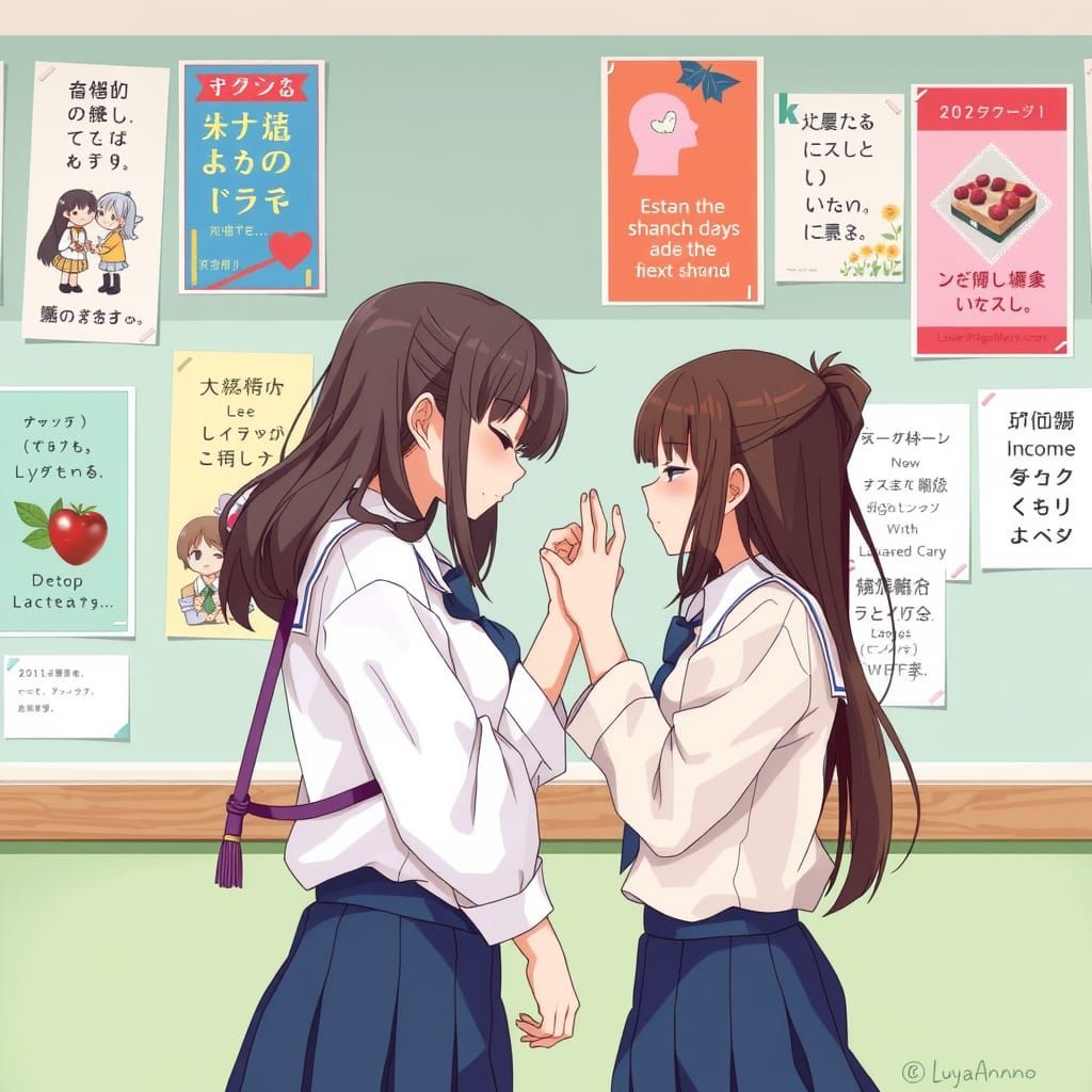 Anime Schoolgirls Share a Kiss in Pastel Hues