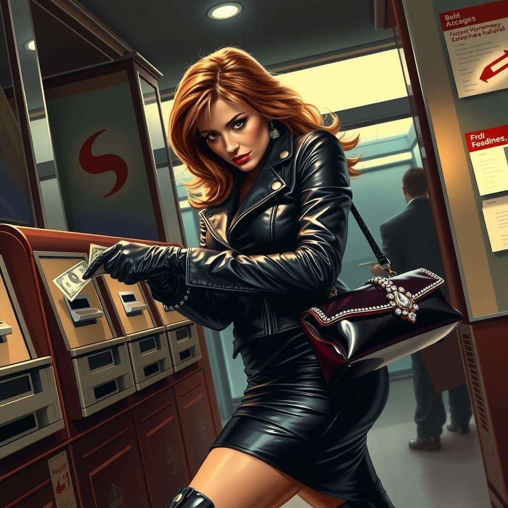 Woman in Leather Robs Bank in Film Noir Style