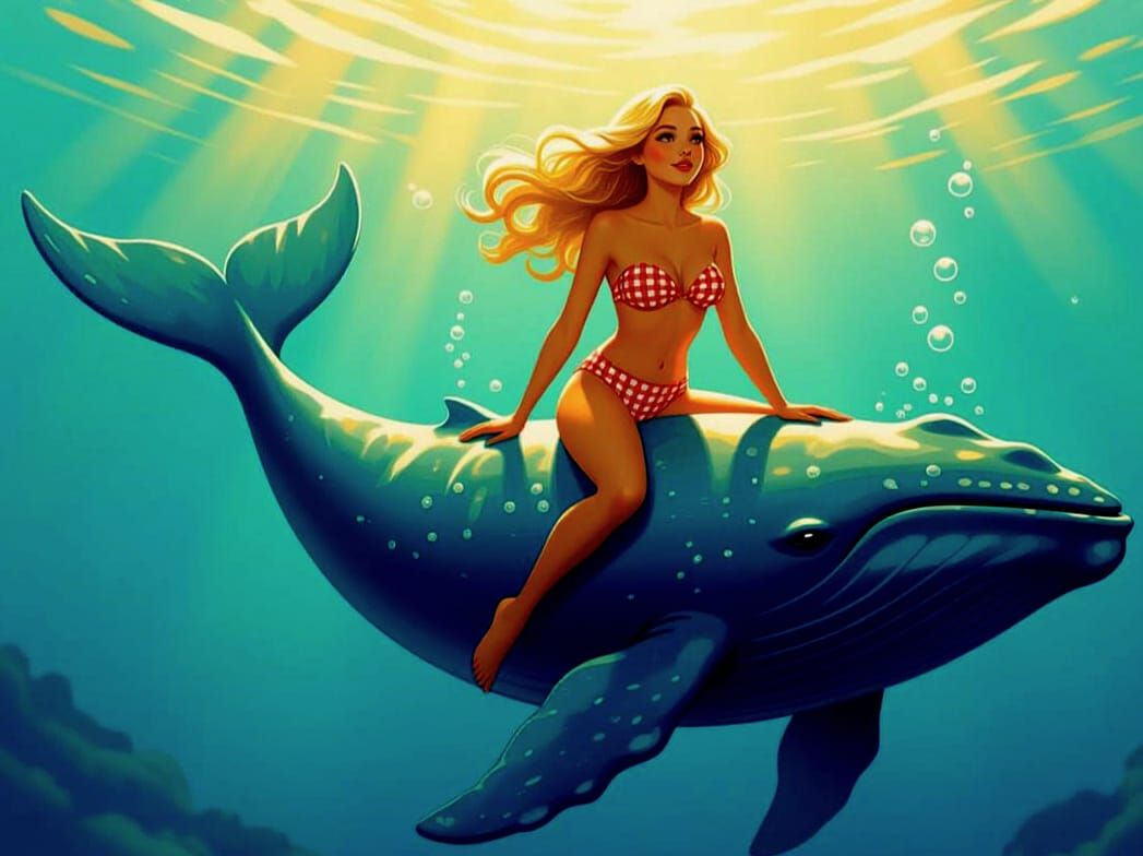 Woman Rides Whale in Underwater Sunlight Illustration