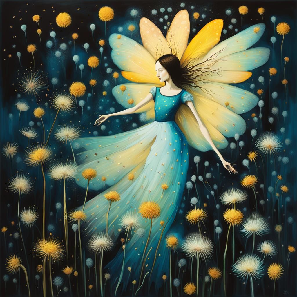 Dandelion Dreamscape: Winged Fairies in Surreal Art Style