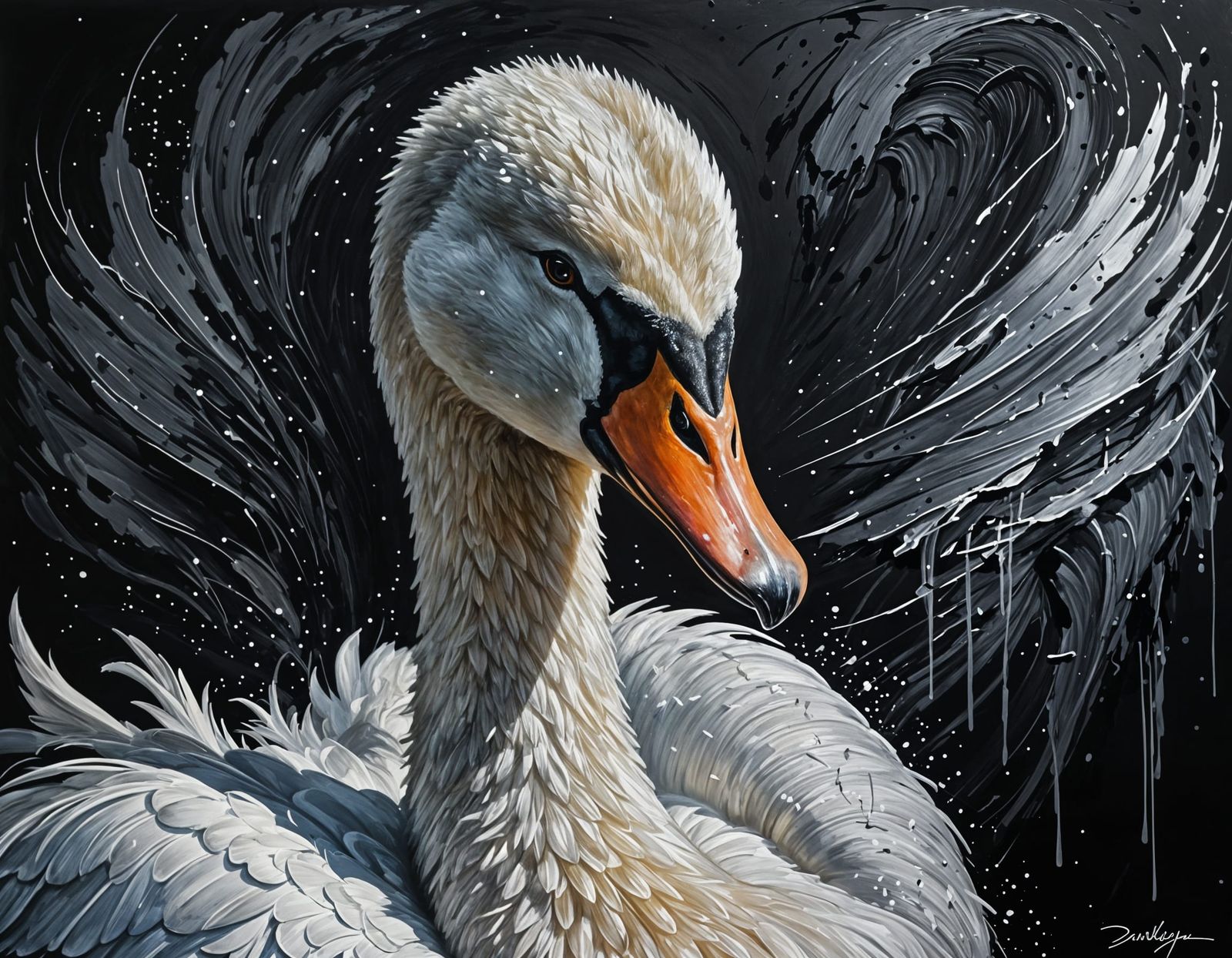 Black Swan Painting with Silver Highlights