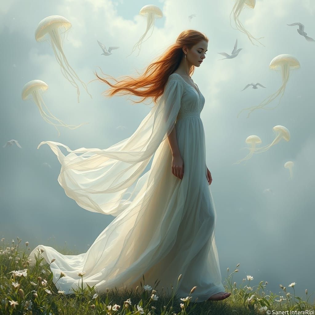 Ethereal Figure in Dreamscape of Light and Shadow