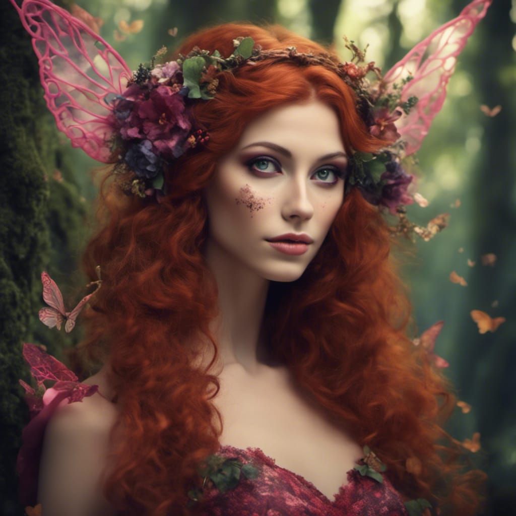 Red-Haired Fairy in Woodland Setting