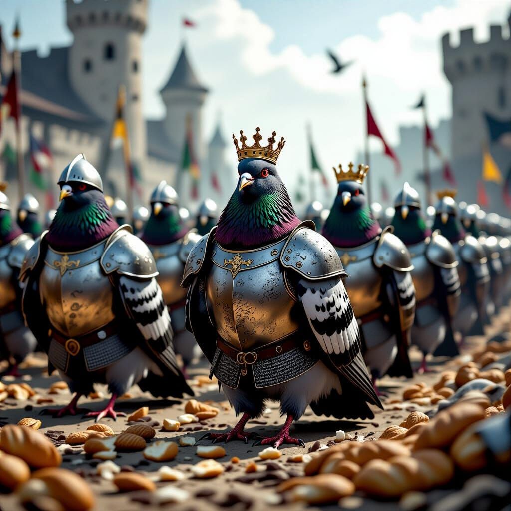 Pigeons in Knight Armor Marching on Medieval Battlefield