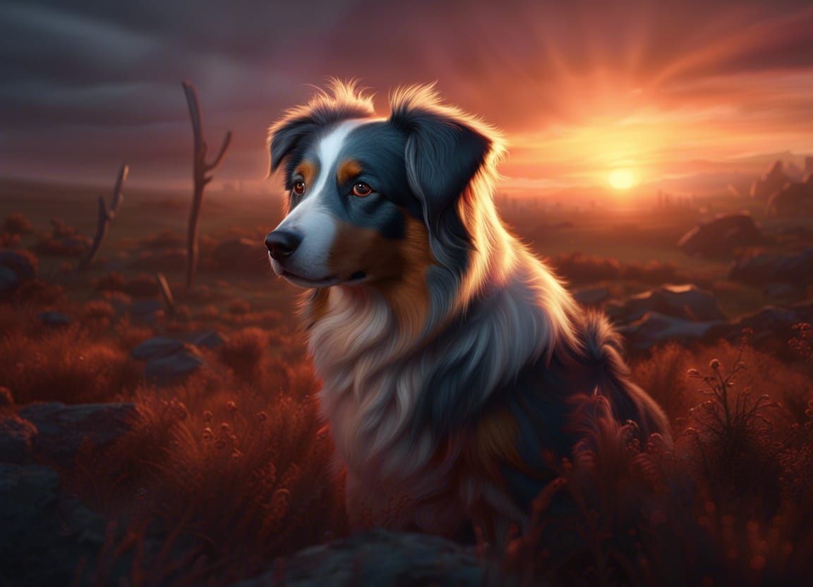 Australian Shepherd at Sunrise: Detailed Matte Painting