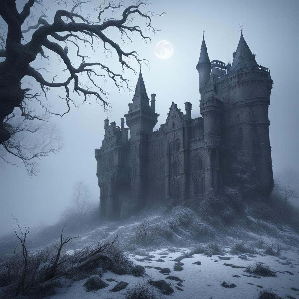 Abandoned Gothic Castle in Thick Mist