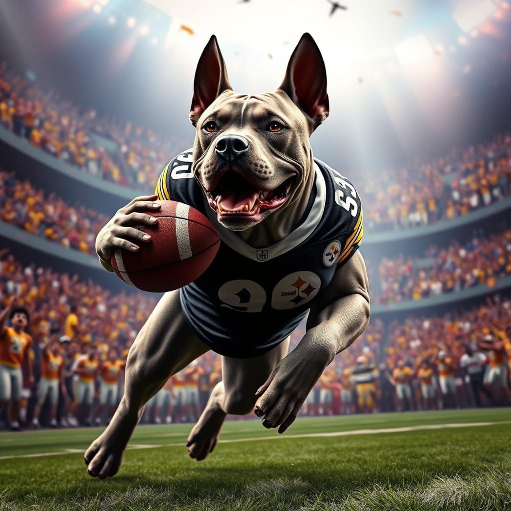 Muscular Pitbull Runs with Football in Steelers Uniform
