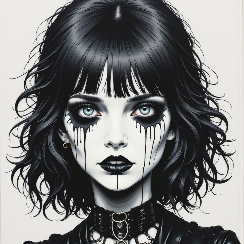 <lora:Paintball Gothic:1.0> drawing of  the goth daughter, cult icon of the 1990s <lora:90sToonFlux:1.0>