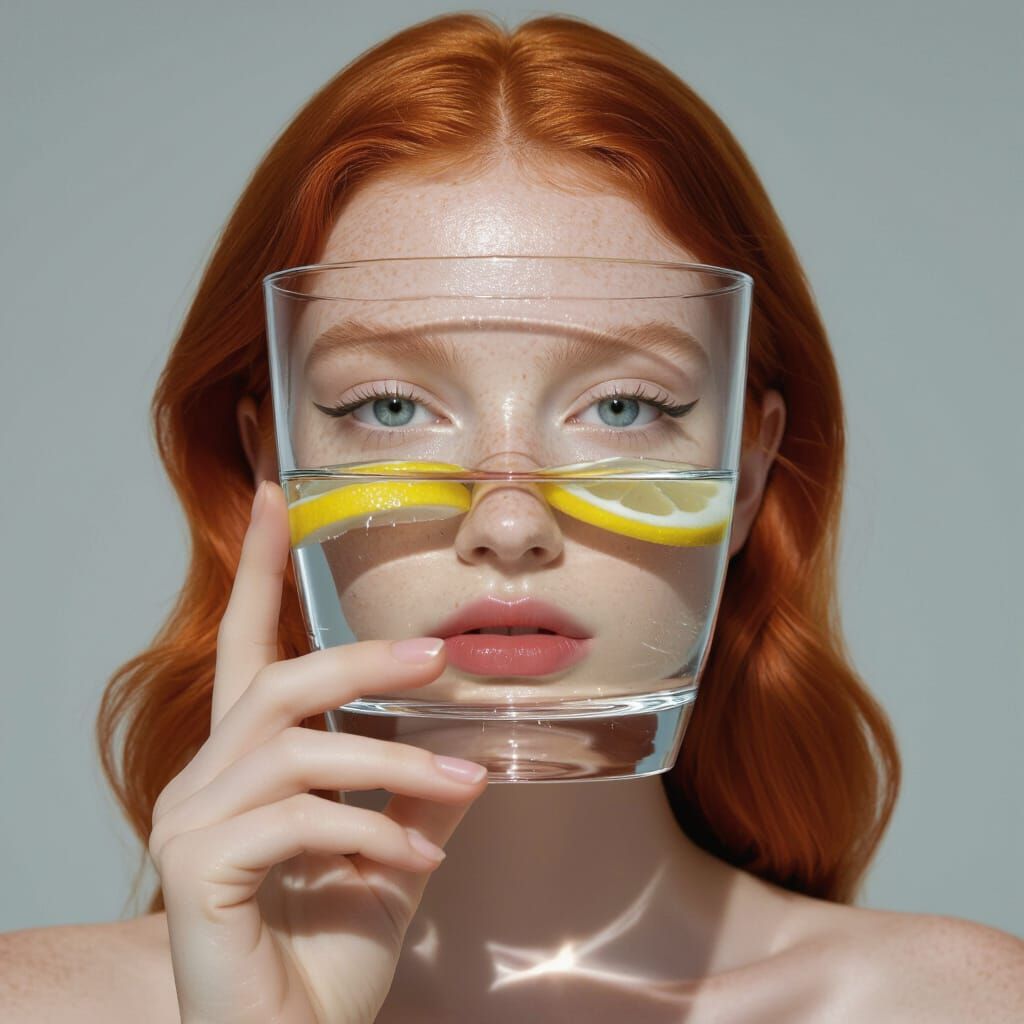 Surreal Portrait: Refracted Face in Water Glass