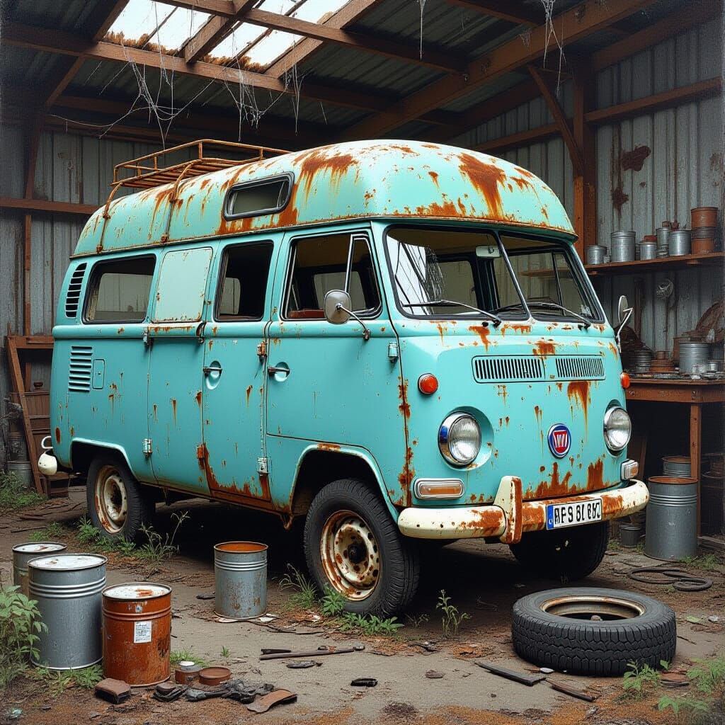Abandoned Fiat 500 Camper Van in Rusty Workshop