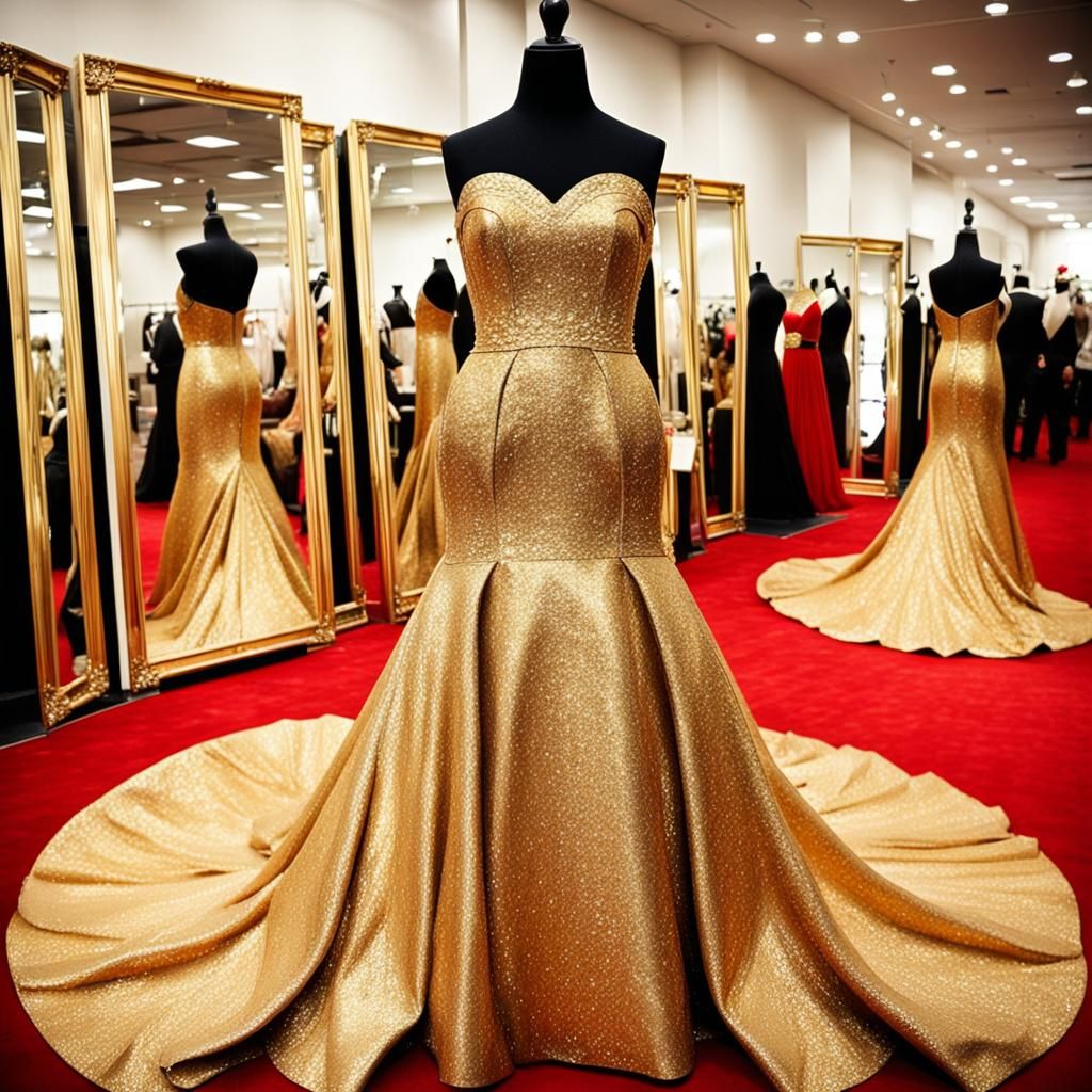 Gold Wedding Dress on Mirrored Pedestal