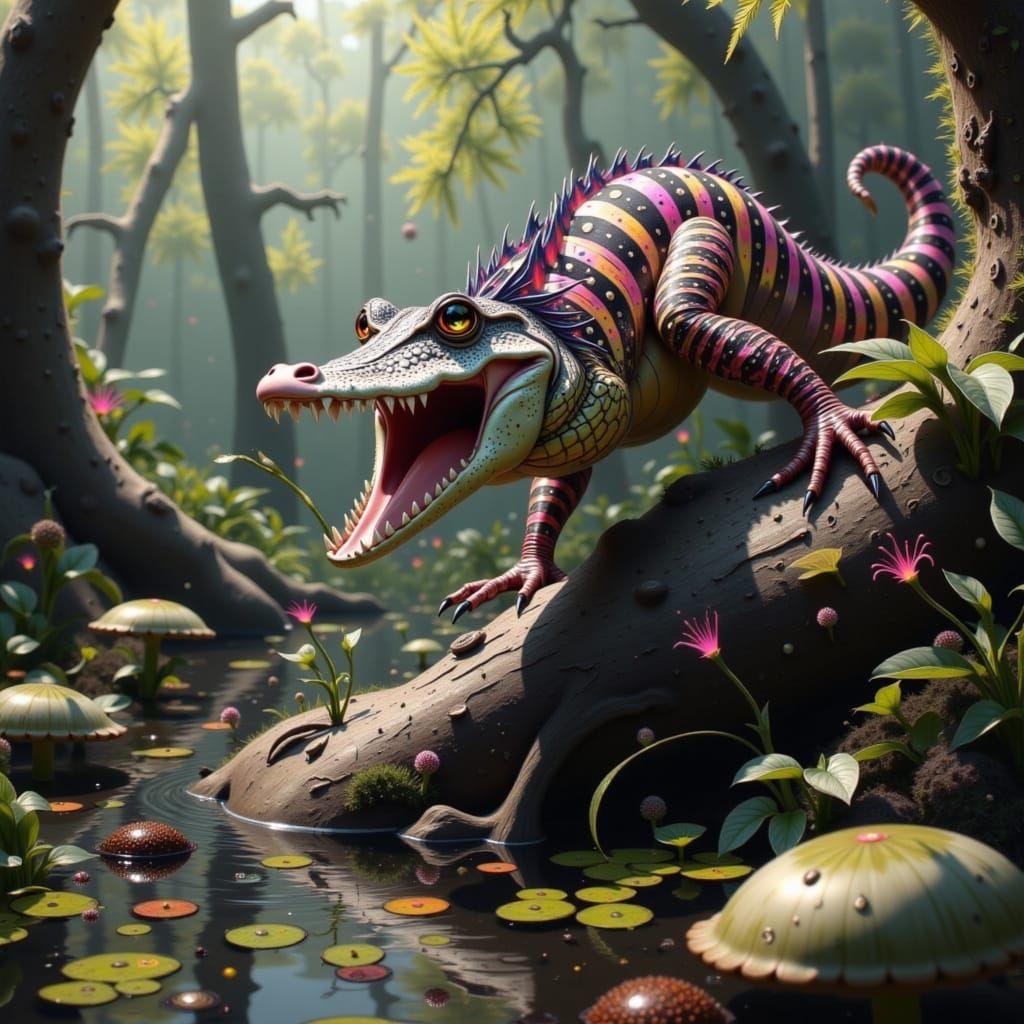 Alligator-Zebra Hybrid Basking in Sunlight