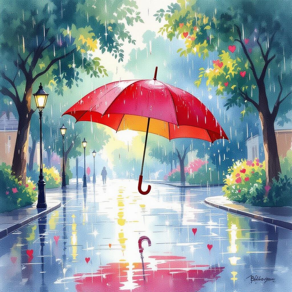 Vibrant Red Umbrella in Jewel-Like Rain