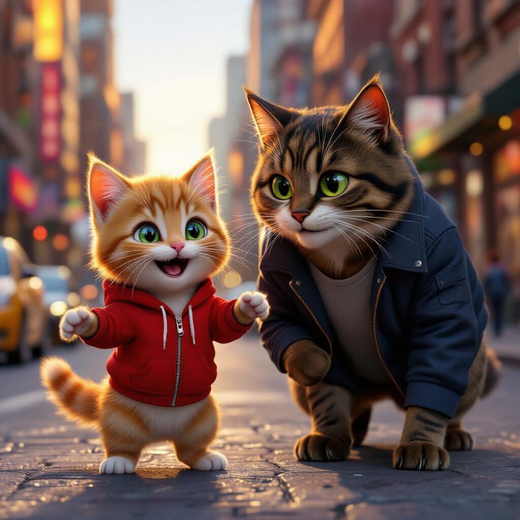 Joyful Father-Son Cat Adventure in Vibrant City