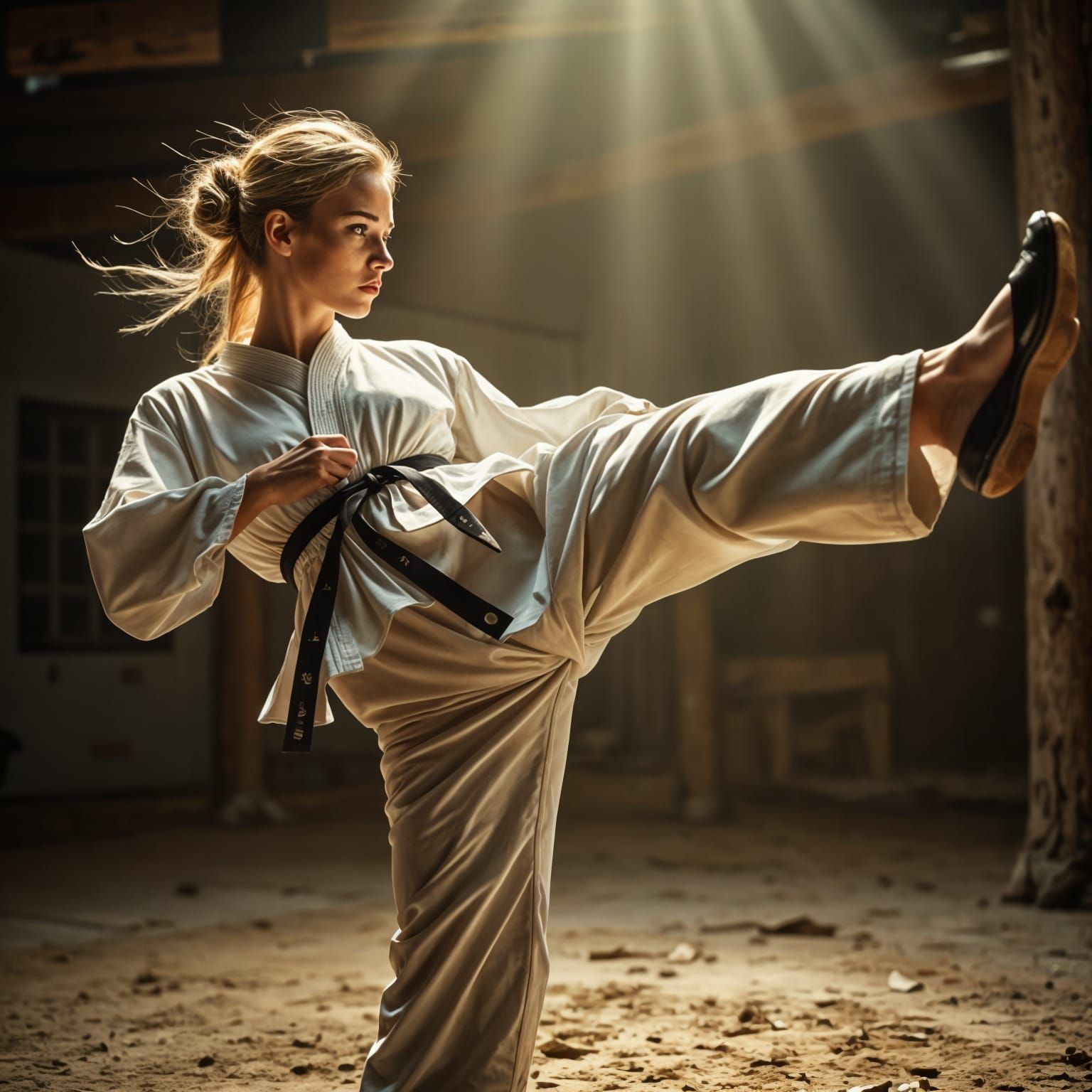 Dynamic Karate Kick in Cinematic Film Still