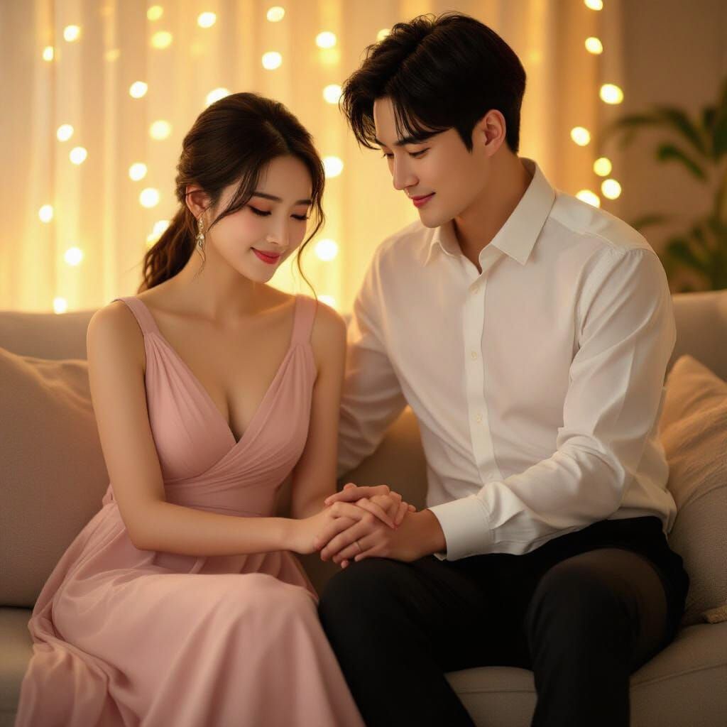 Romantic Moment with Fairy Lights in Anime Style