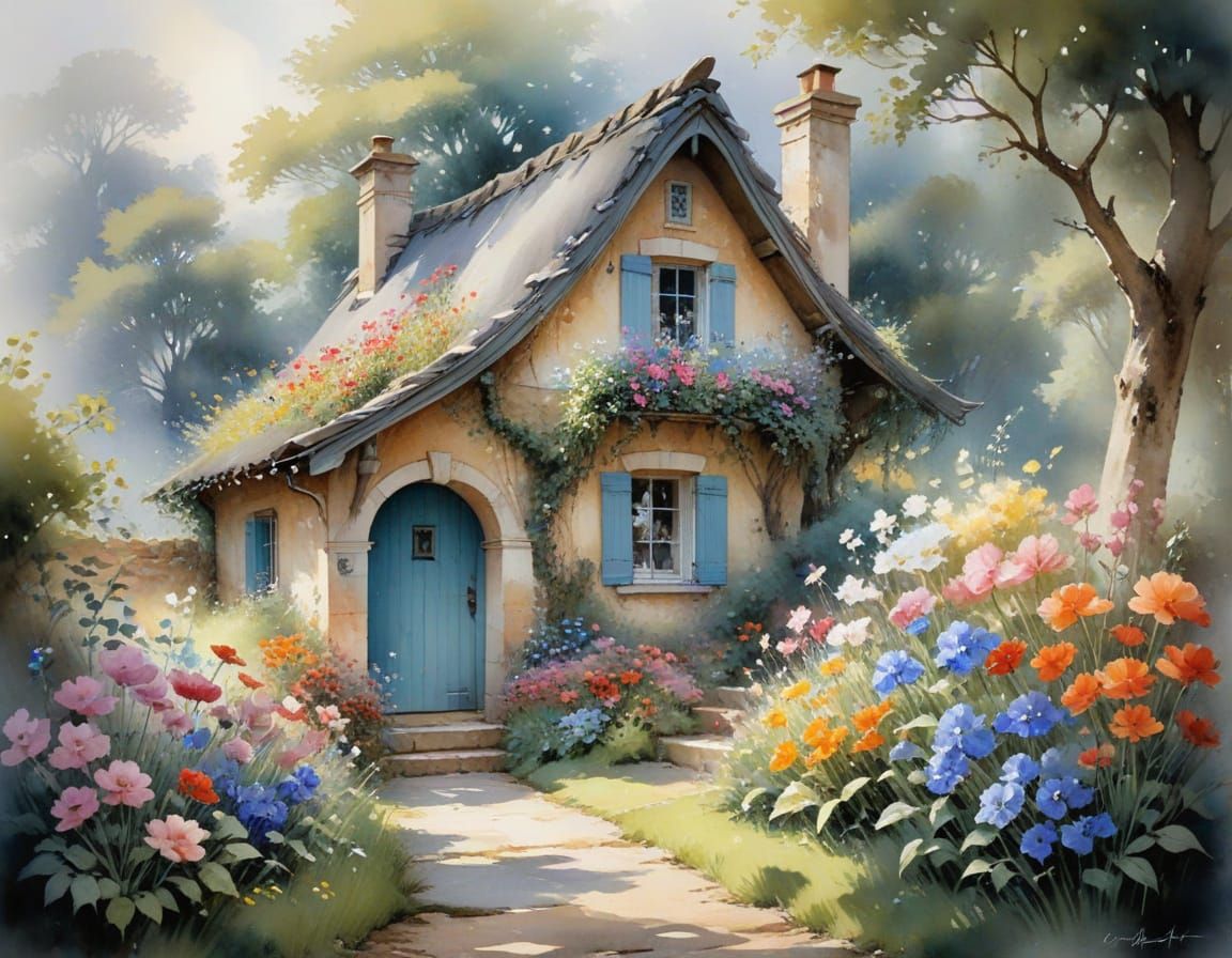 Whimsical Watercolor Cottage Scene
