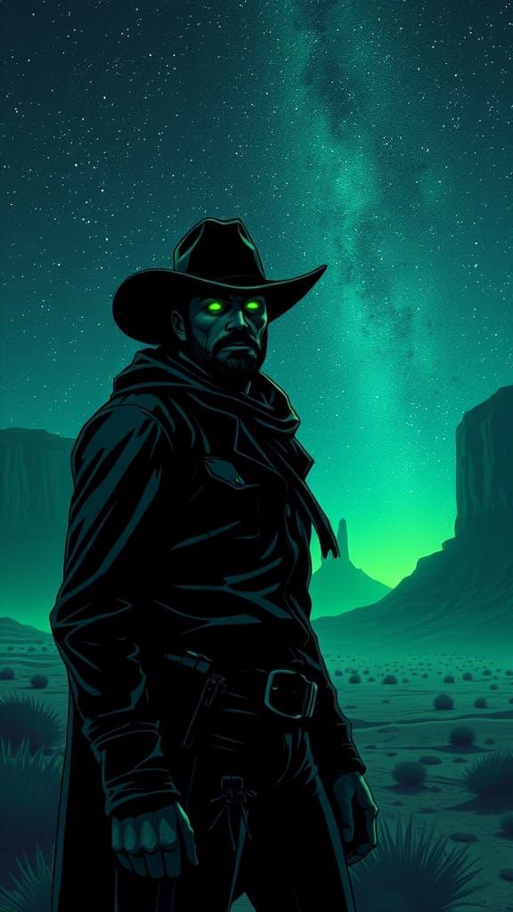 Cowboy with Green Glowing Eyes Under Starry Monument Valley ...