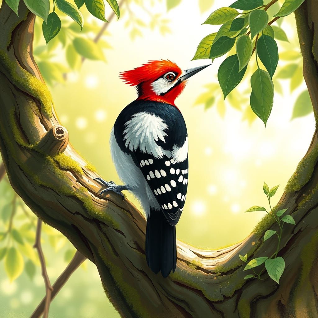 Vibrant Red Headed Woodpecker Perched on Ancient Tree Branch