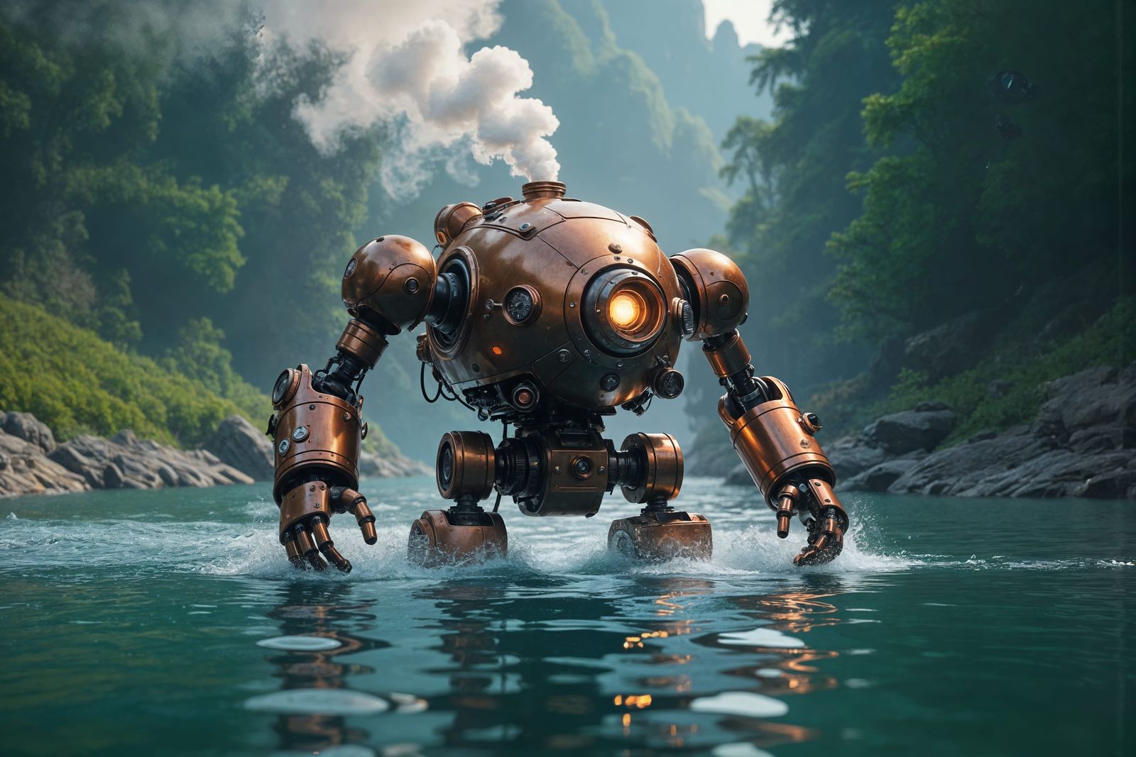 Steampunk Robot Swims Upriver in Cinematic Sci-Fi Scene