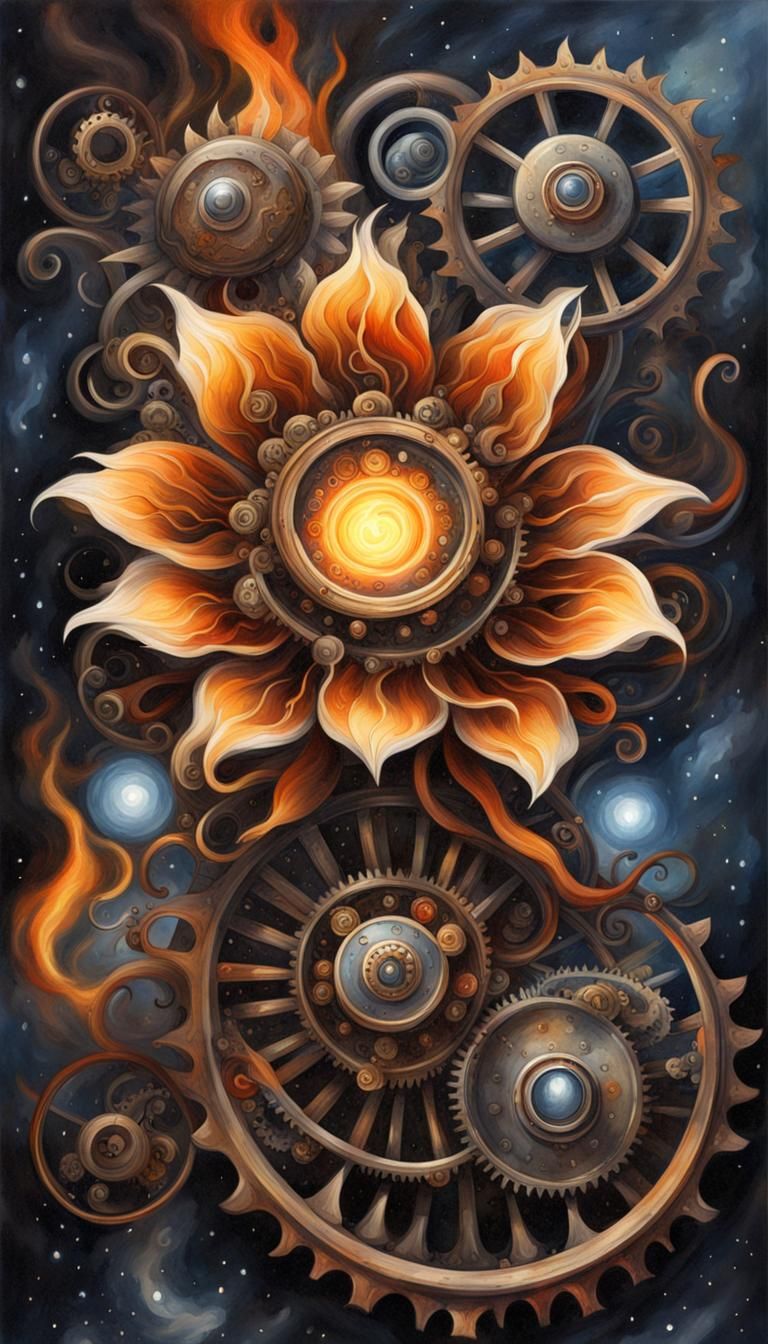 Steampunk Flower in Flames Against Starry Sky