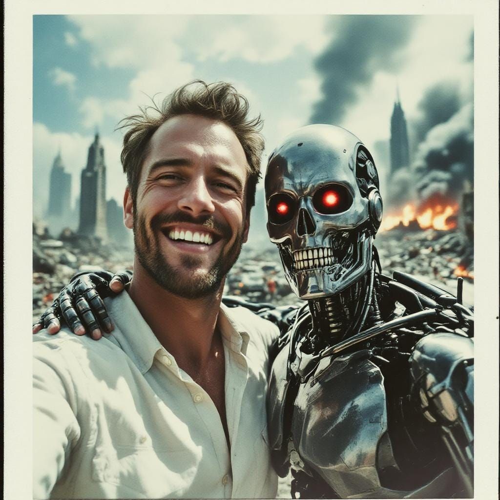 Terminator and Man Take Selfie in Ruins