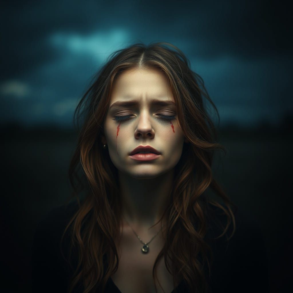 Tragic Dystopian Woman in Anguish, Hyperrealistic Art