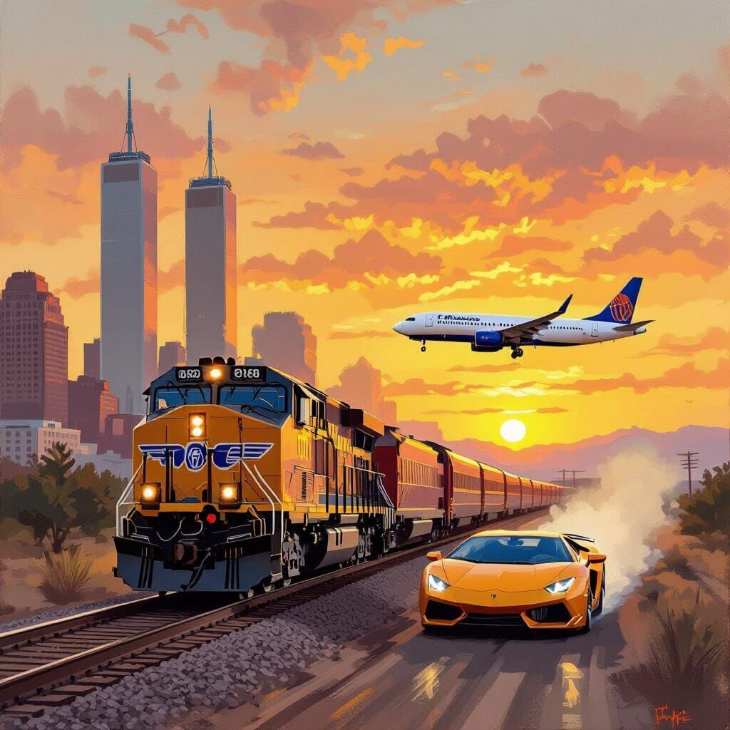 Union Pacific Train with Southwest 737, Oil Painting