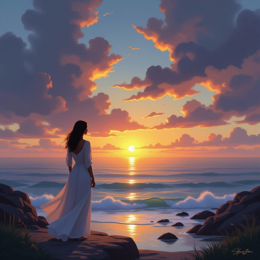 Woman Gazing at Golden Sunrise, Digital Art