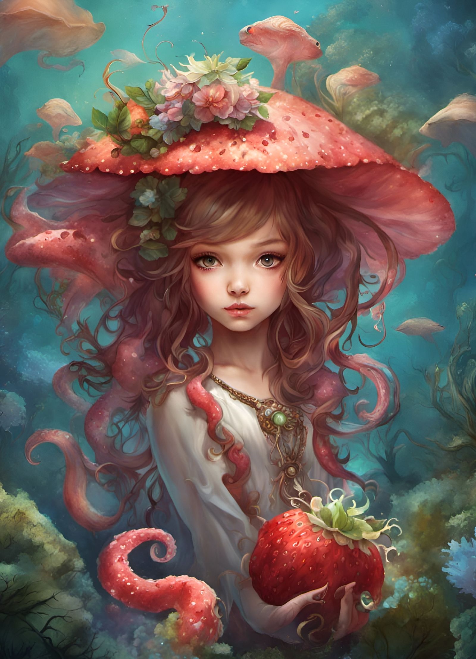 Chibi Strawberry Octopus in Fantasy Coral Reef